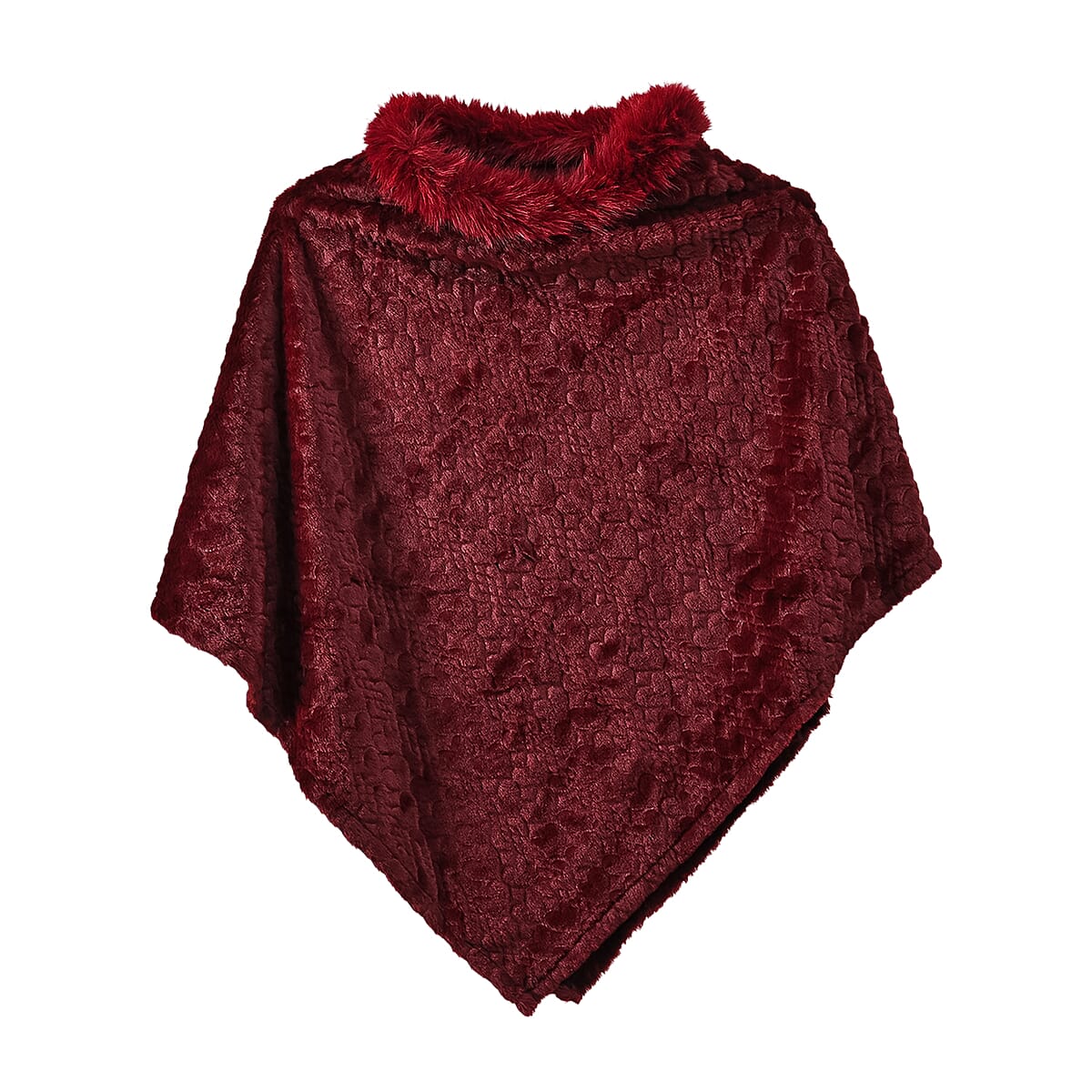 TAMSY Wine Jacquard Poncho with Fur Collar &ndash; One Size Fits Most image number 1
