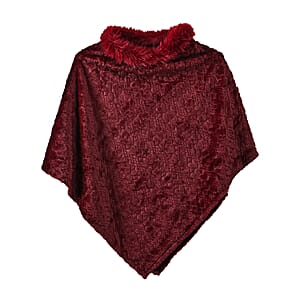 TAMSY Wine Jacquard Poncho with Fur Collar &ndash; One Size Fits Most