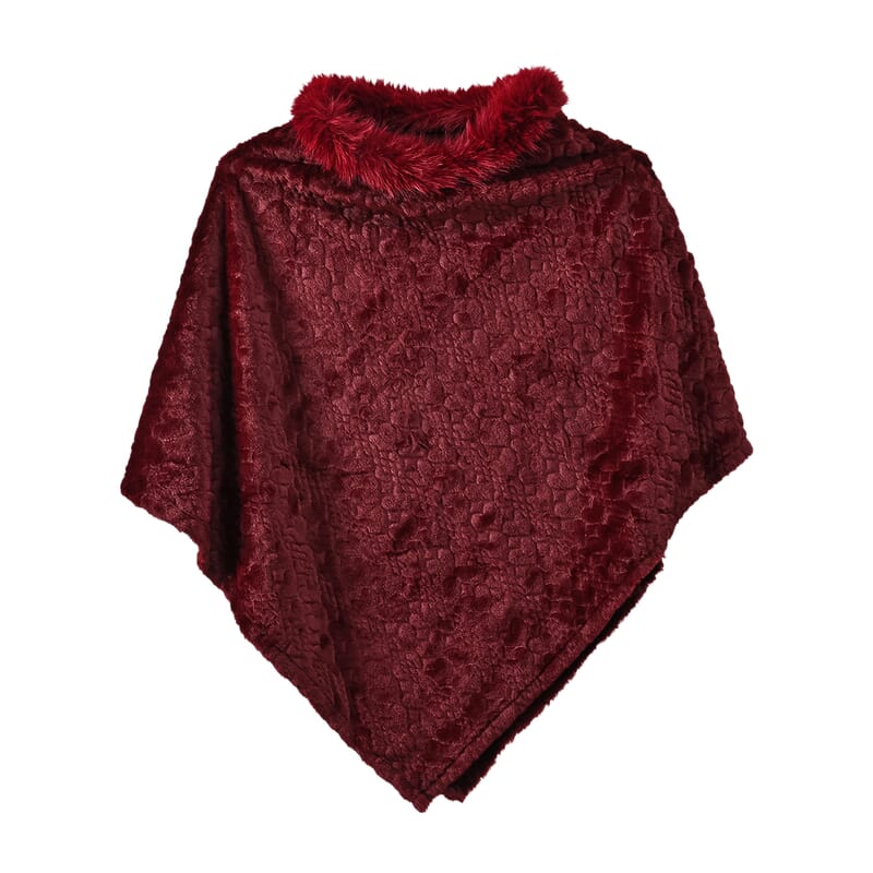 TAMSY Wine Jacquard Poncho with Fur Collar – One Size Fits Most