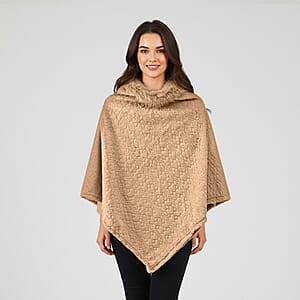 TAMSY Beige Jacquard Poncho with Fur Collar &ndash; One Size Fits Most