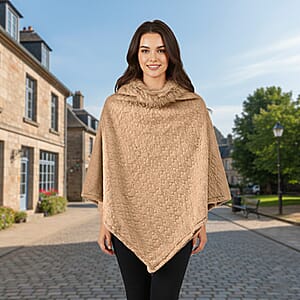 TAMSY Beige Jacquard Poncho with Fur Collar &ndash; One Size Fits Most