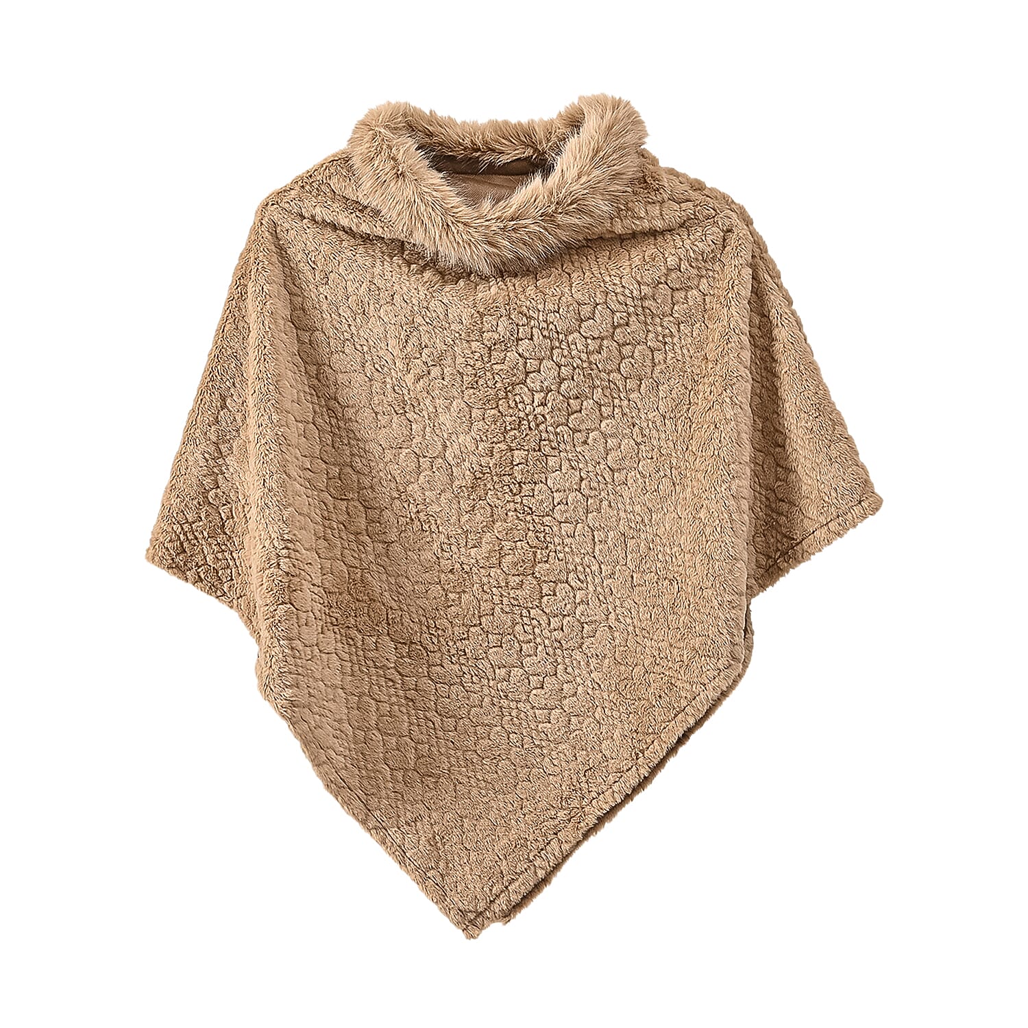 TAMSY Beige Jacquard Poncho with Fur Collar – One Size Fits Most