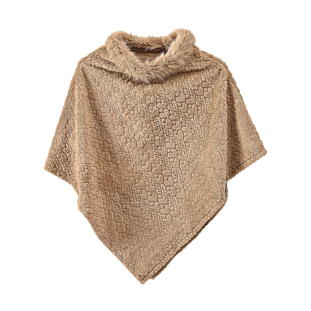 TAMSY Beige Jacquard Poncho with Fur Collar &ndash; One Size Fits Most image number 2