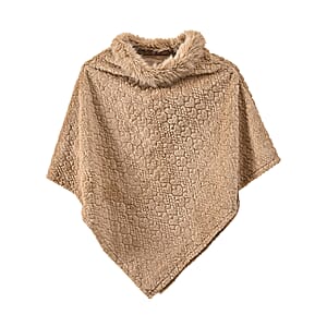 TAMSY Beige Jacquard Poncho with Fur Collar &ndash; One Size Fits Most