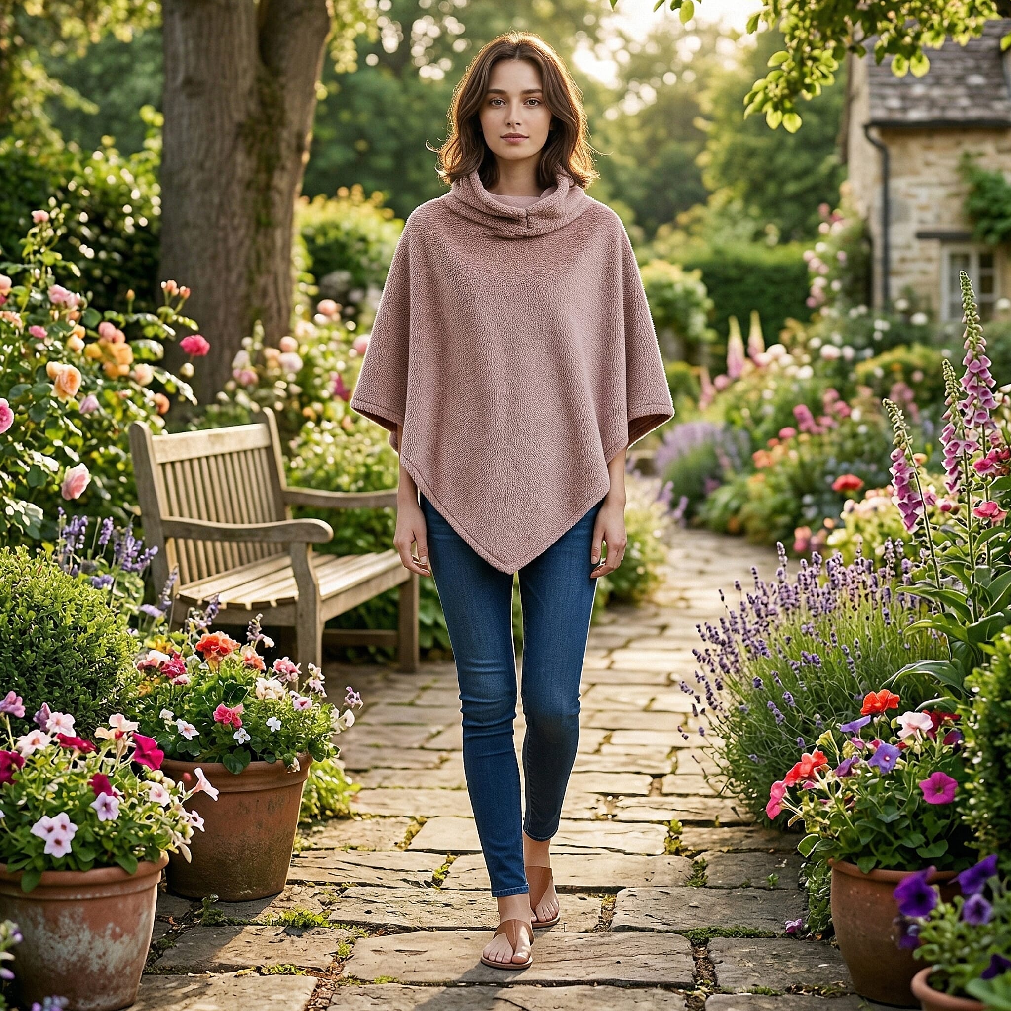 Tamsy Blush Poncho with Hoodie - One Size Fits Most
