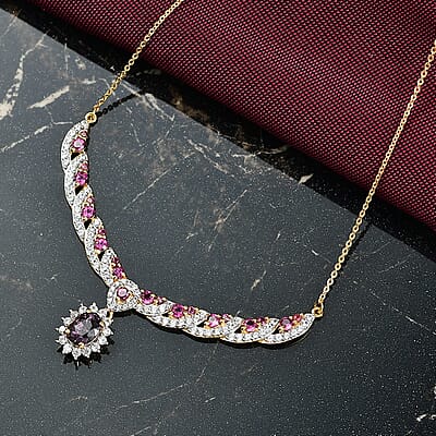 D'Joy Royal Lavender Spinel and Multi Gemstone 3.25 ctw Cascading Crown Necklace in 18K Vermeil Yellow Gold Over Sterling Silver 18 Inches