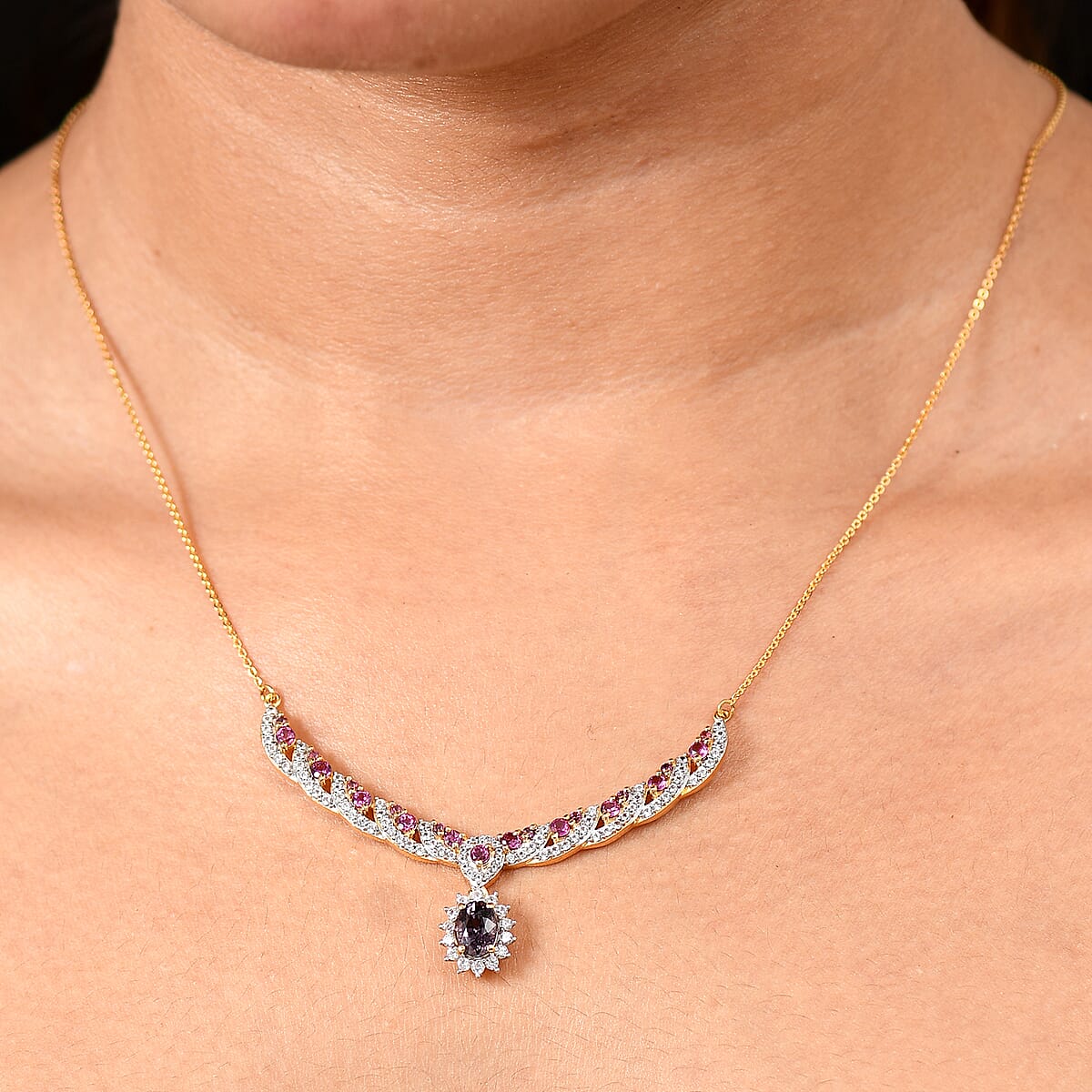 D’Joy Royal Lavender Spinel and Multi Gemstone 3.25 ctw Necklace in 18K Vermeil Yellow Gold Over Sterling Silver 18 Inches image number 2