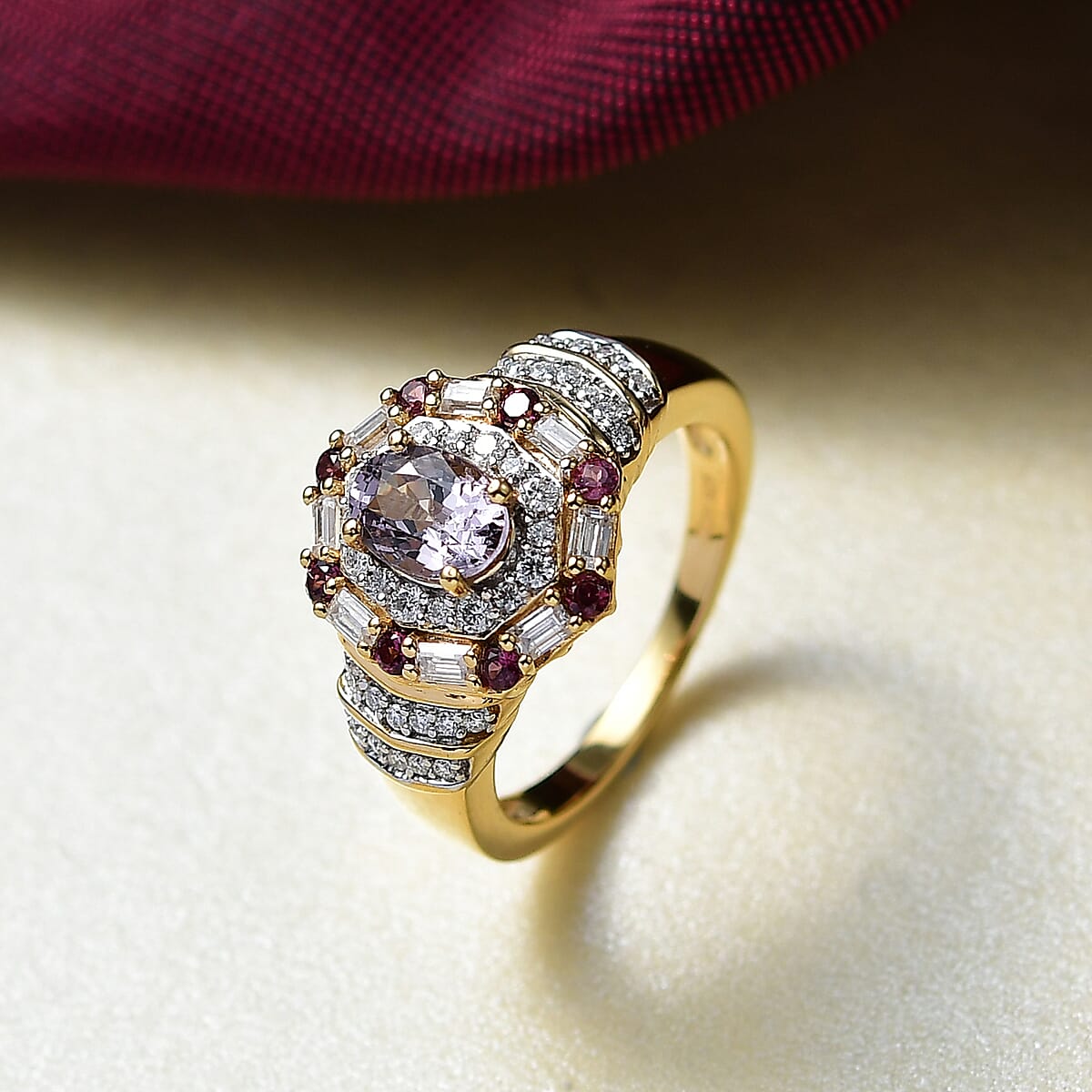 D'Joy Royal Lavender Spinel and Multi Gemstone 1.80 ctw Art Deco Ring in 18K Vermeil Yellow Gold Over Sterling Silver (Size 10.0) image number 1