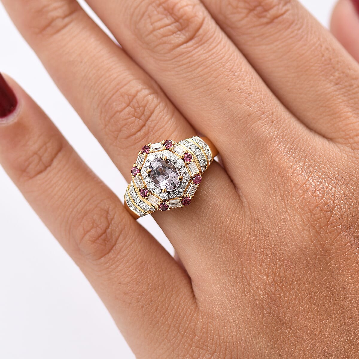 D'Joy Royal Lavender Spinel and Multi Gemstone 1.80 ctw Art Deco Ring in 18K Vermeil Yellow Gold Over Sterling Silver (Size 10.0) image number 2