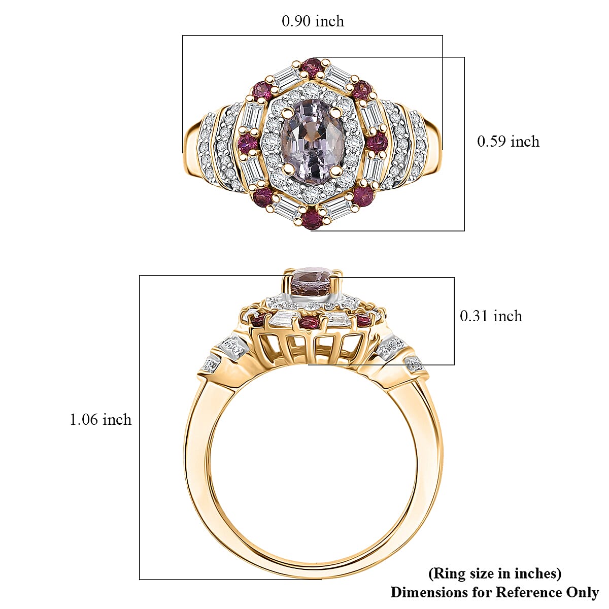 D'Joy Royal Lavender Spinel and Multi Gemstone 1.80 ctw Art Deco Ring in 18K Vermeil Yellow Gold Over Sterling Silver (Size 10.0) image number 5
