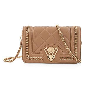 Closeout Valentino Orlandi Taupe Vegan Leather Quilted Crossbody Bag with Chain Accent