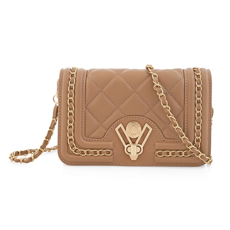 Closeout Valentino Orlandi Taupe Vegan Leather Quilted Crossbody Bag with Chain Accent