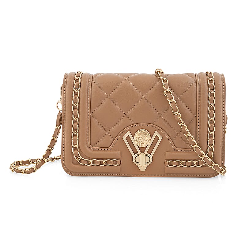 Closeout Valentino Orlandi Taupe Vegan Leather Quilted Crossbody Bag with Chain Accent