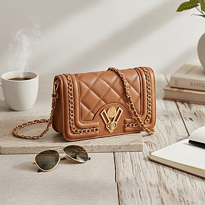 Closeout Valentino Orlandi Taupe Vegan Leather Quilted Crossbody Bag with Chain Accent