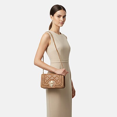 Closeout Valentino Orlandi Taupe Vegan Leather Quilted Crossbody Bag with Chain Accent