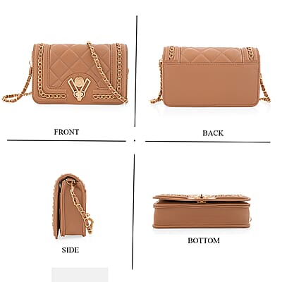 Closeout Valentino Orlandi Taupe Vegan Leather Quilted Crossbody Bag with Chain Accent