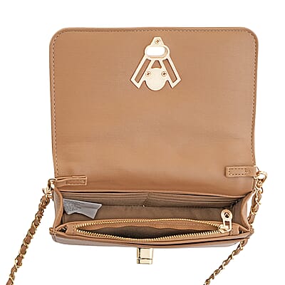 Closeout Valentino Orlandi Taupe Vegan Leather Quilted Crossbody Bag with Chain Accent