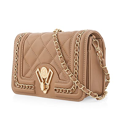 Closeout Valentino Orlandi Taupe Vegan Leather Quilted Crossbody Bag with Chain Accent