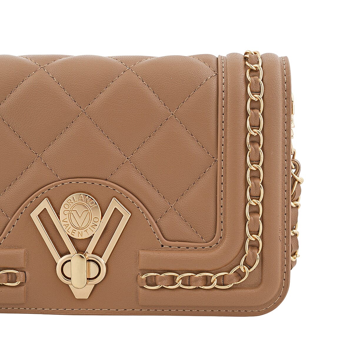 Closeout Valentino Orlandi Taupe Vegan Leather Quilted Crossbody Bag with Chain Accent image number 6