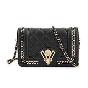 Closeout Valentino Orlandi Black Vegan Leather Quilted Crossbody Bag with Chain Accent