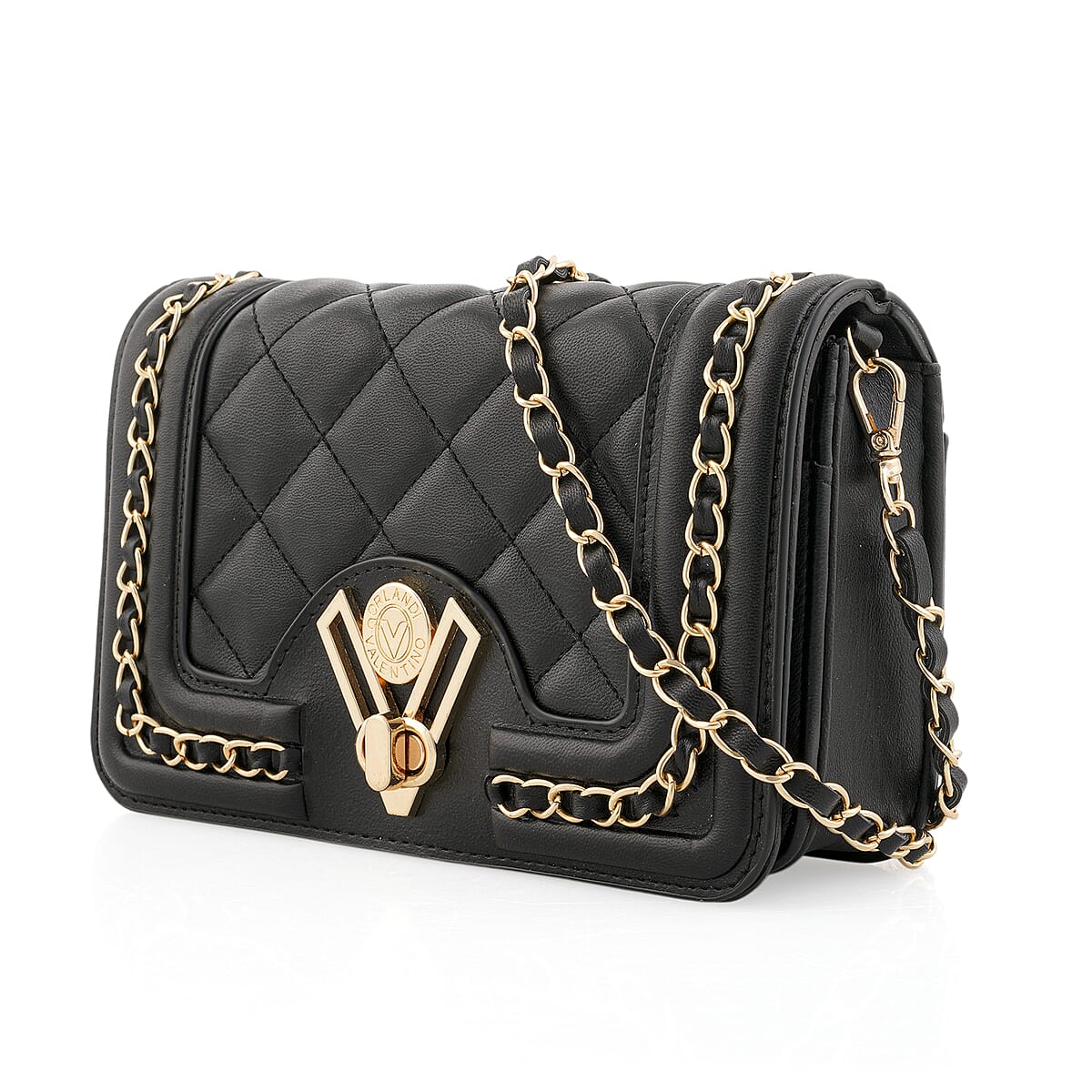 Closeout Valentino Orlandi Black Vegan Leather Quilted Crossbody Bag with Chain Accent image number 1