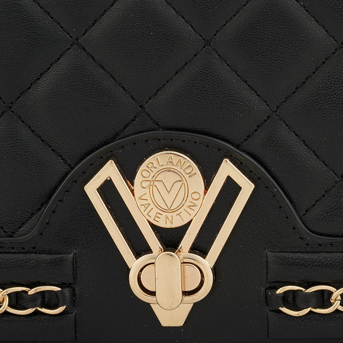Closeout Valentino Orlandi Black Vegan Leather Quilted Crossbody Bag with Chain Accent image number 6