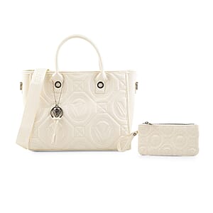 Closeout Valentino Orlandi White Vegan Leather Quilted Tote with Removable Shoulder Strap