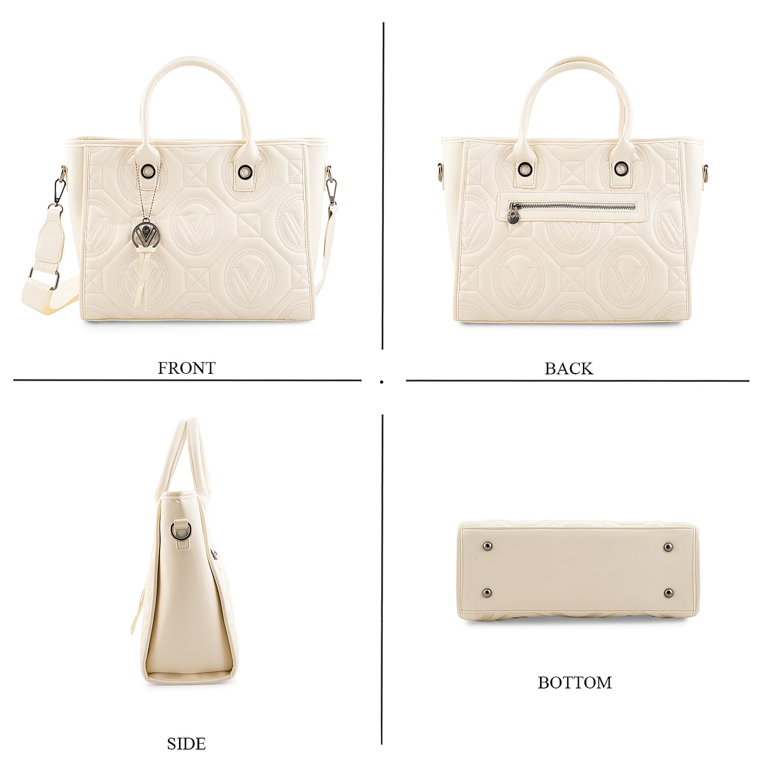 Closeout Valentino Orlandi White Vegan Leather Quilted Tote with Removable Shoulder Strap