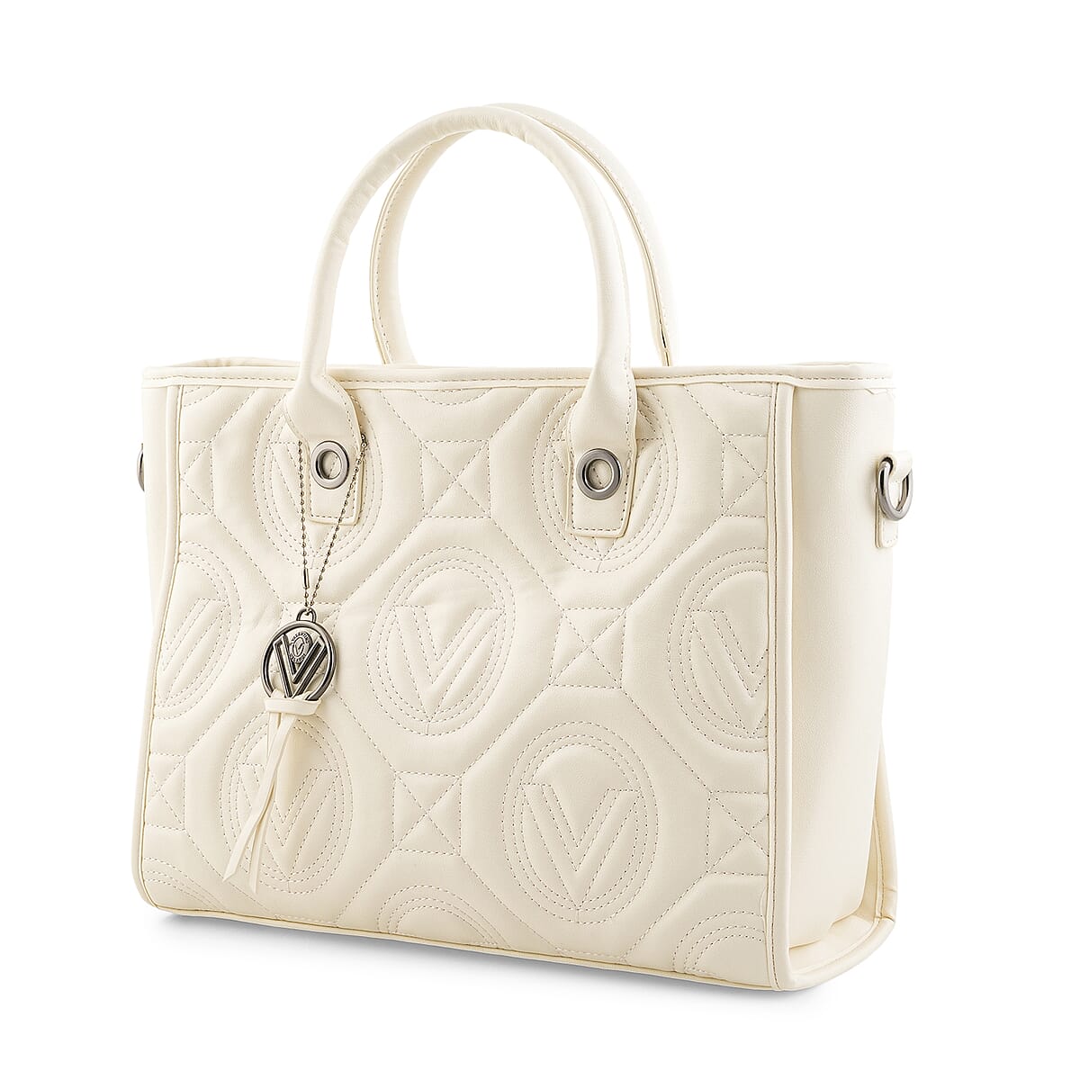 Closeout Valentino Orlandi White Vegan Leather Quilted Tote with Removable Shoulder Strap image number 4