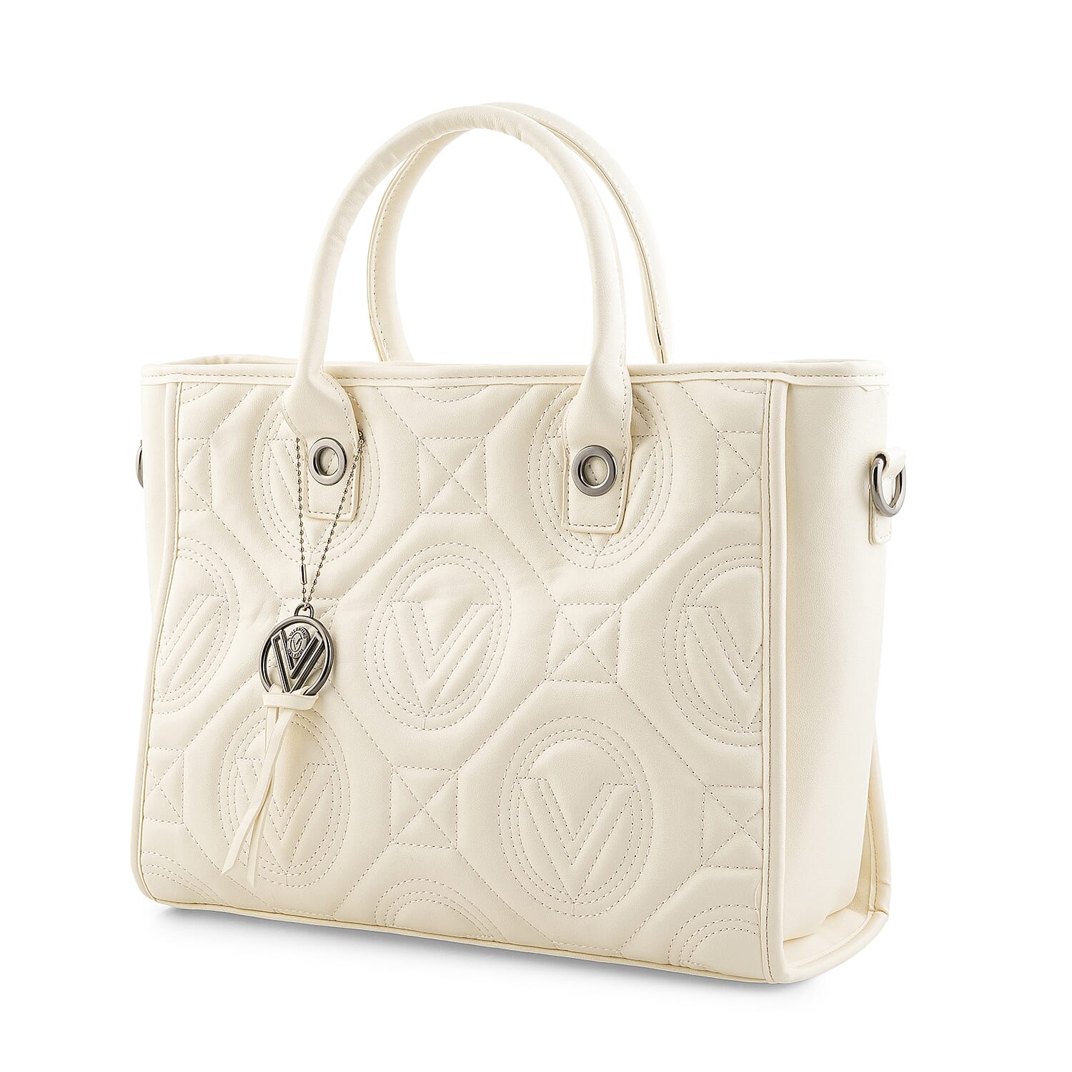Closeout Valentino Orlandi White Vegan Leather Quilted Tote with Removable Shoulder Strap