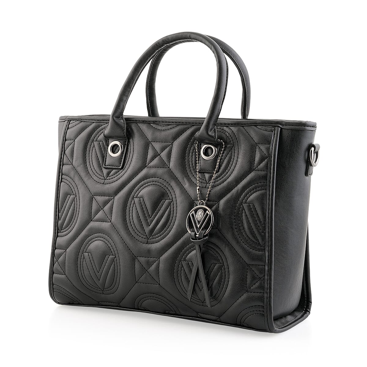 Closeout Valentino Orlandi Black Vegan Leather Quilted Tote with Removable Shoulder Strap image number 4