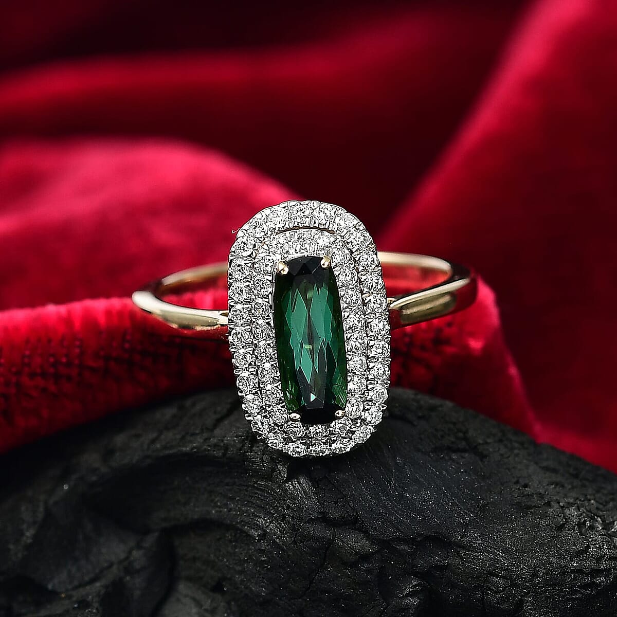 Certified & Appraised AAA Santa Rosa Tourmaline and Luxuriant Lab Grown Diamond G-H SI 1.58 ctw Ring in 10K Yellow Gold (Size 6.5) image number 1