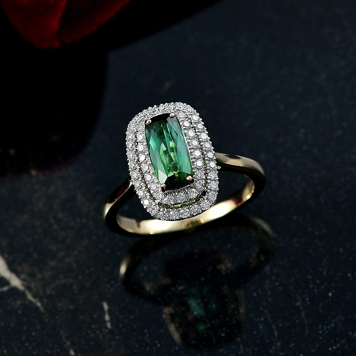 Certified & Appraised AAAA Santa Rosa Tourmaline and Luxuriant Lab Grown Diamond G-H SI 1.58 ctw Ring in 10K Yellow Gold image number 1