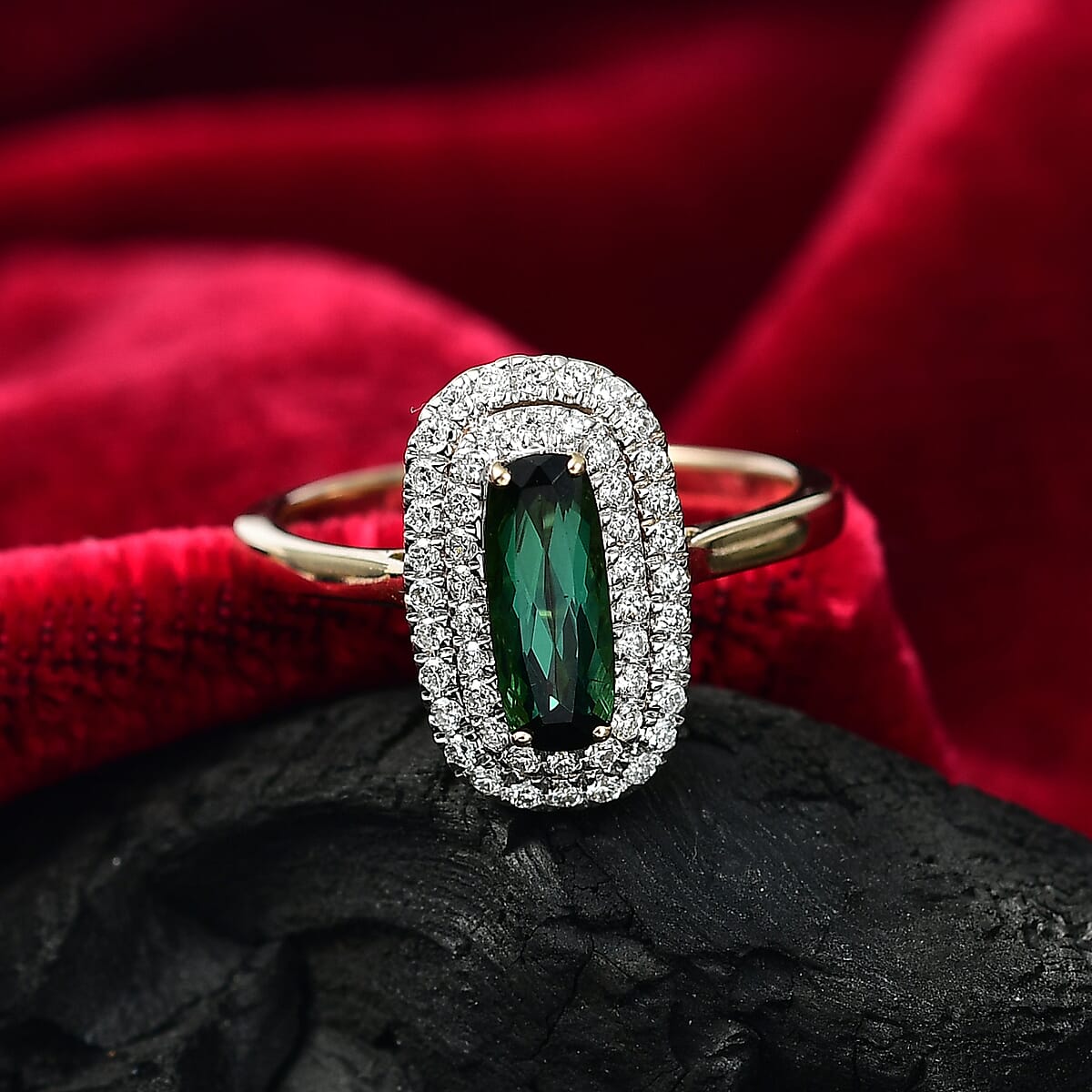 Certified & Appraised AAA Santa Rosa Tourmaline and Luxuriant Lab Grown Diamond G-H SI 1.58 ctw Ring in 10K Yellow Gold (Size 8.0) image number 1