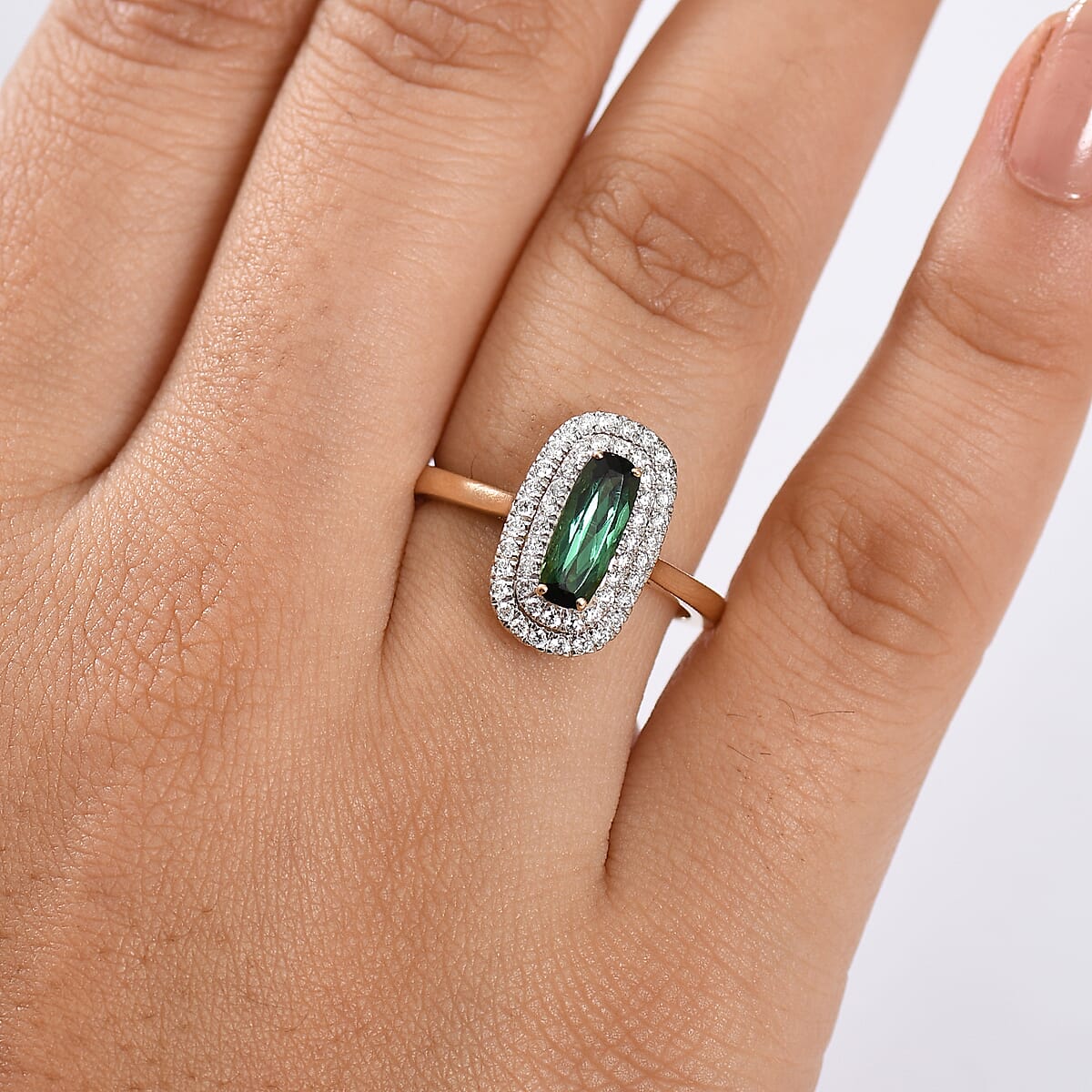 Certified & Appraised AAA Santa Rosa Tourmaline and Luxuriant Lab Grown Diamond G-H SI 1.58 ctw Ring in 10K Yellow Gold (Size 8.0) image number 2