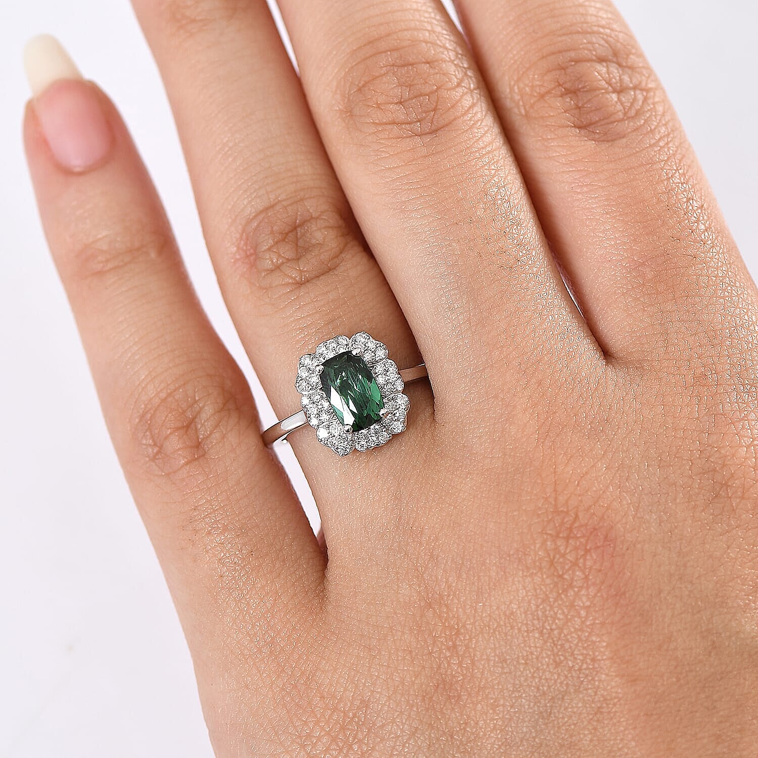 D'Joy Premium Santa Rosa Cushion Tourmaline Moissanite Ring in Rhodium Over Sterling Silver Size 10.0 1.10 ctw