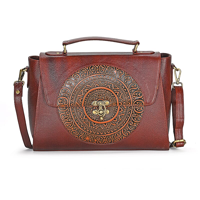 La Marey Brown Genuine Leather Tooling Handbag with Snap Lock