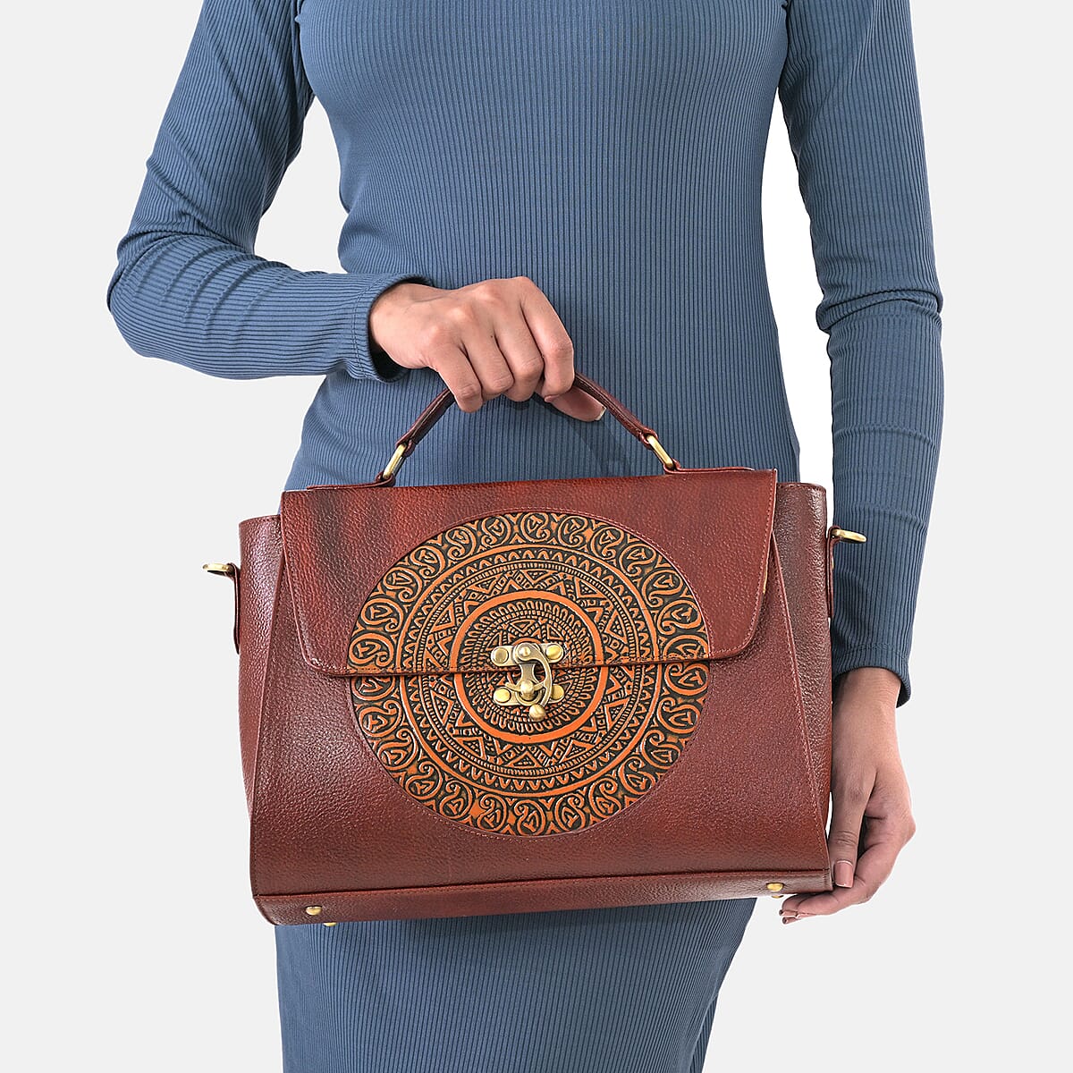 La Marey Brown Genuine Leather Tooling Handbag with Snap Lock image number 4