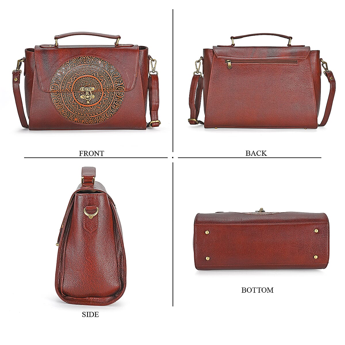 La Marey Brown Genuine Leather Tooling Handbag with Snap Lock image number 5