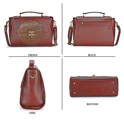 La Marey Brown Genuine Leather Tooling Handbag with Snap Lock