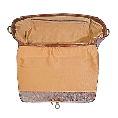 La Marey Brown Genuine Leather Tooling Handbag with Snap Lock