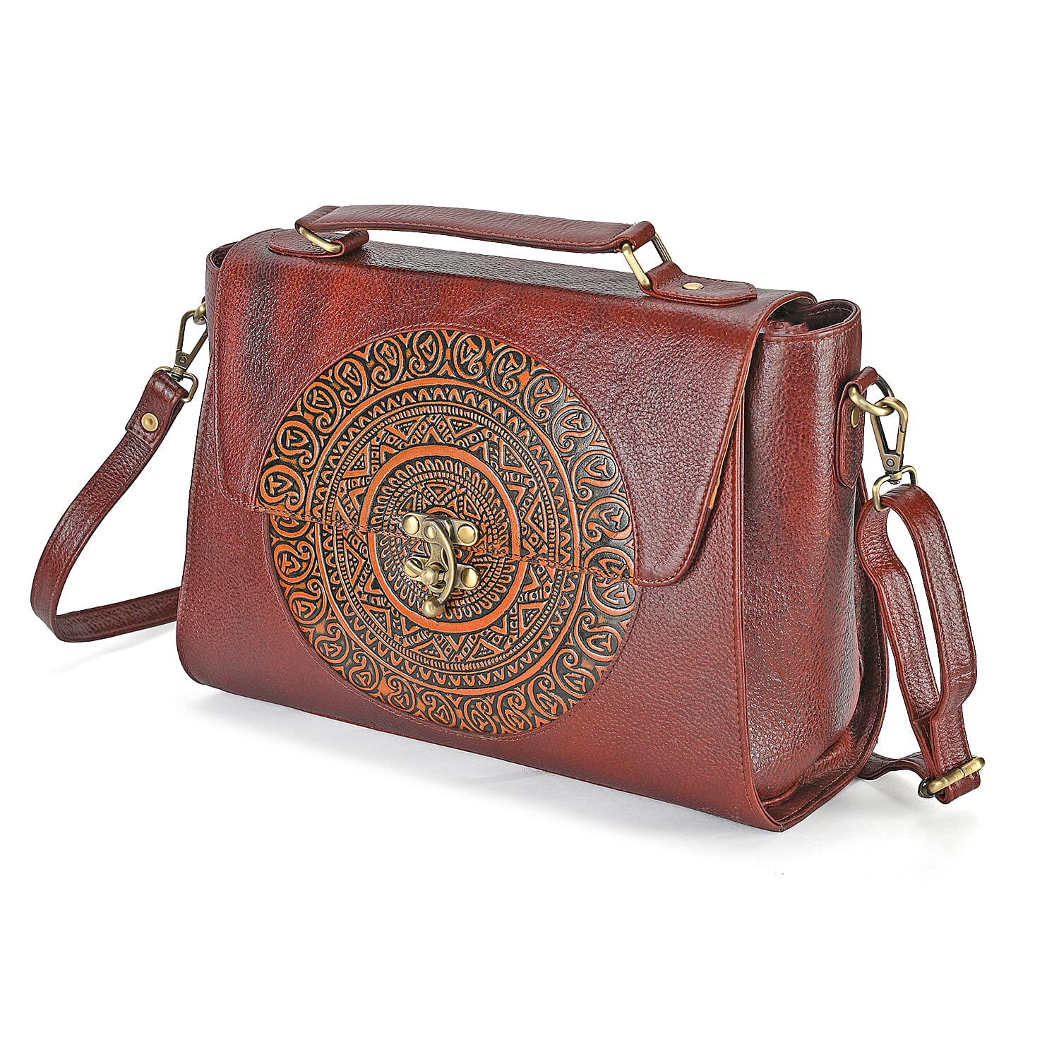 La Marey Brown Genuine Leather Tooling Handbag with Snap Lock