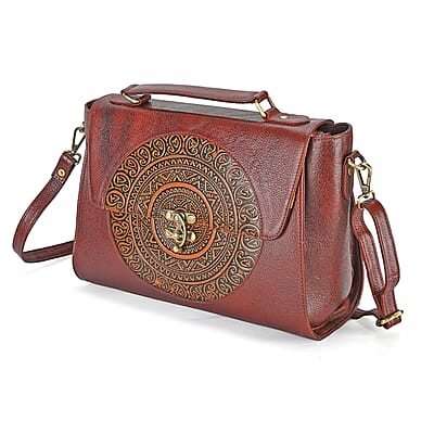 La Marey Brown Genuine Leather Tooling Handbag with Snap Lock