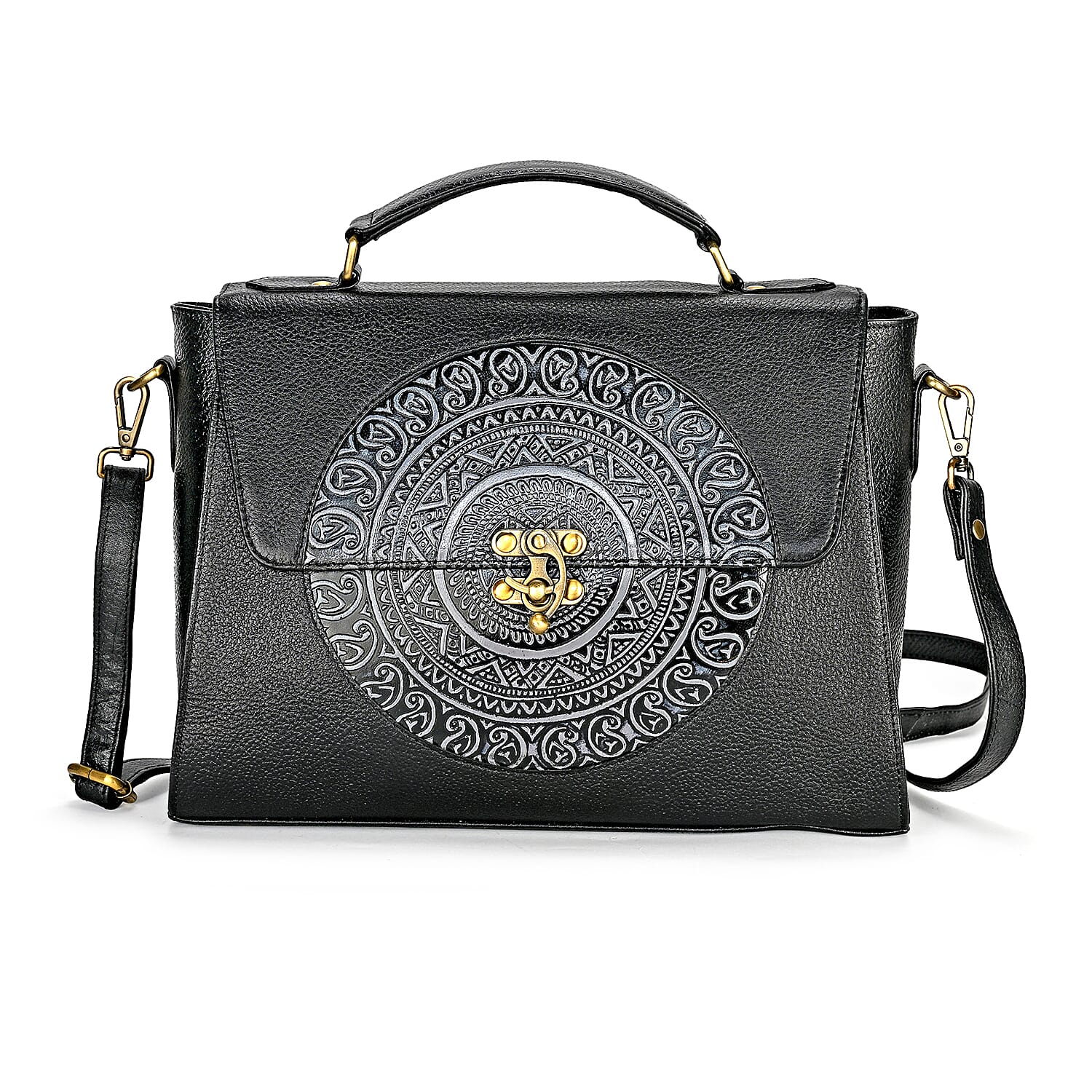 La Marey Black Genuine Leather Tooling Handbag with Snap Lock