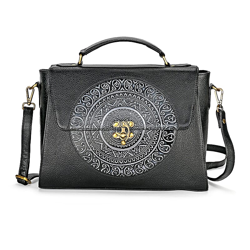 La Marey Black Genuine Leather Tooling Handbag with Snap Lock