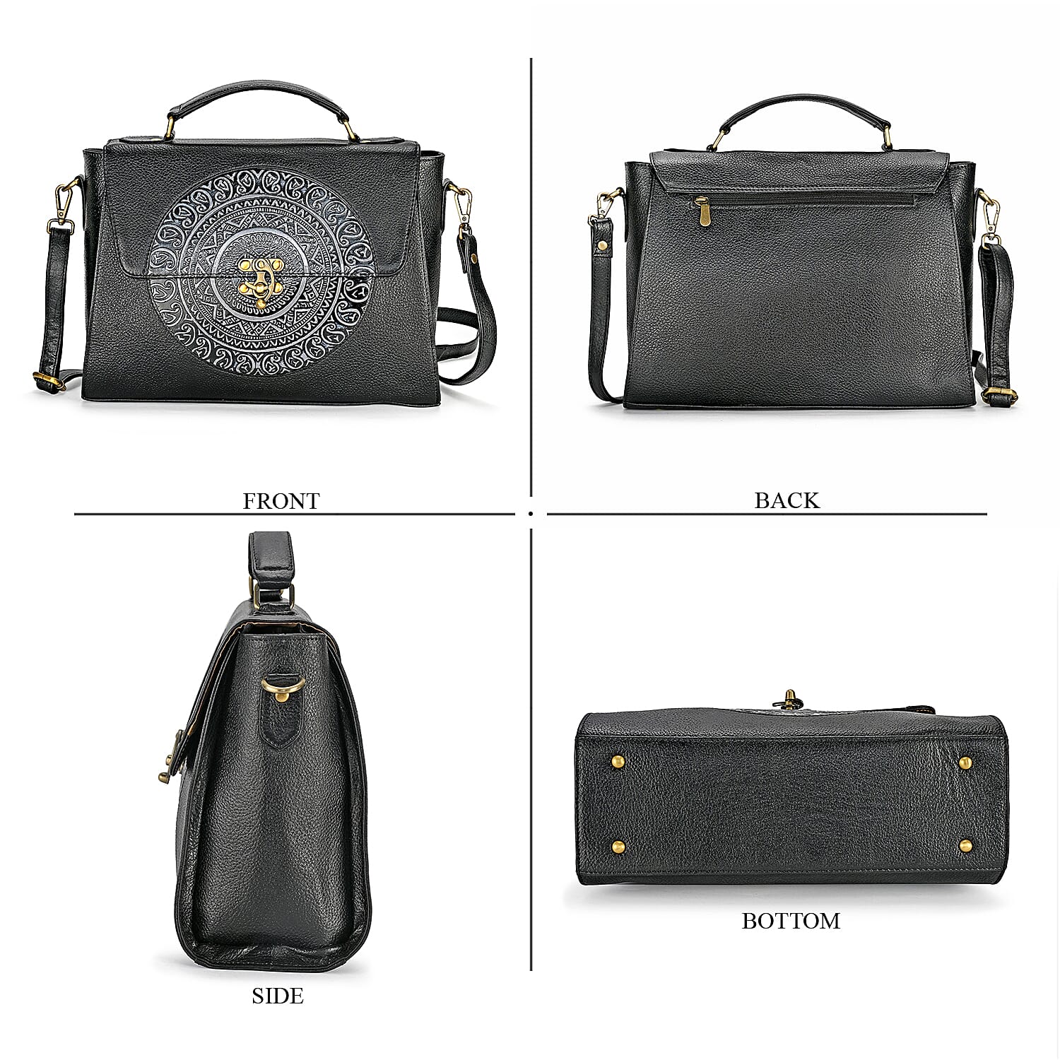 La Marey Black Genuine Leather Tooling Handbag with Snap Lock