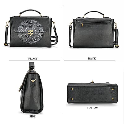 La Marey Black Genuine Leather Tooling Handbag with Snap Lock