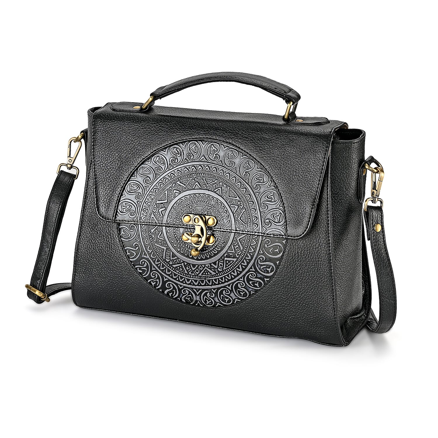 La Marey Black Genuine Leather Tooling Handbag with Snap Lock