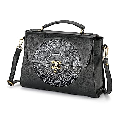 La Marey Black Genuine Leather Tooling Handbag with Snap Lock