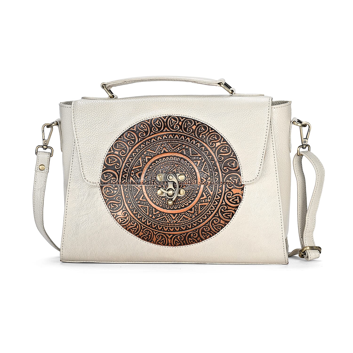 La Marey Off White Genuine Leather Tooling Handbag with Snap Lock